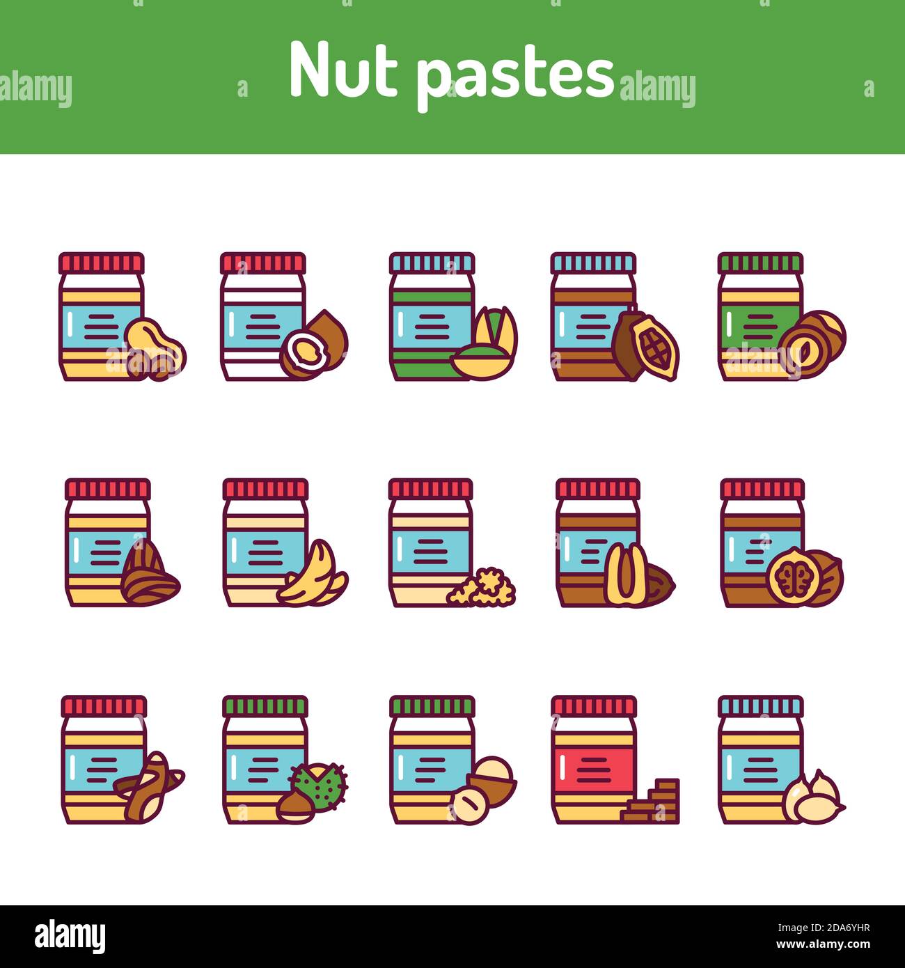 Nut pastes color line icons set. Isolated vector element. Stock Vector