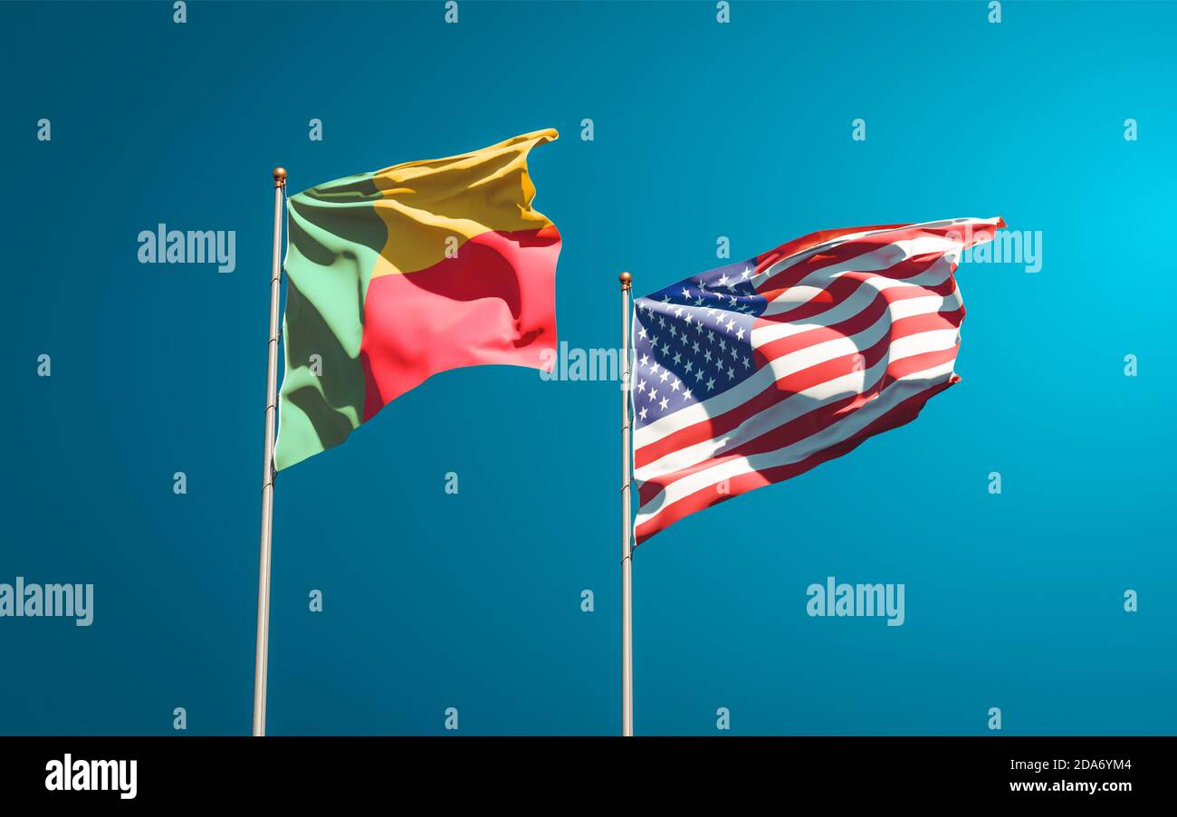 Beautiful national state flags of USA and Benin together at the sky
