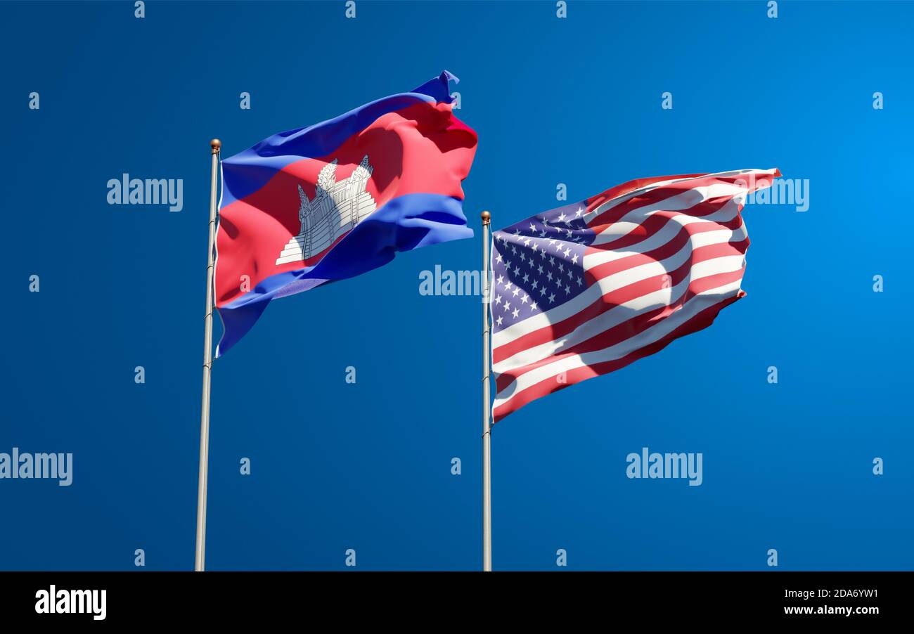 Beautiful national state flags of USA and Cambodia together at the sky ...