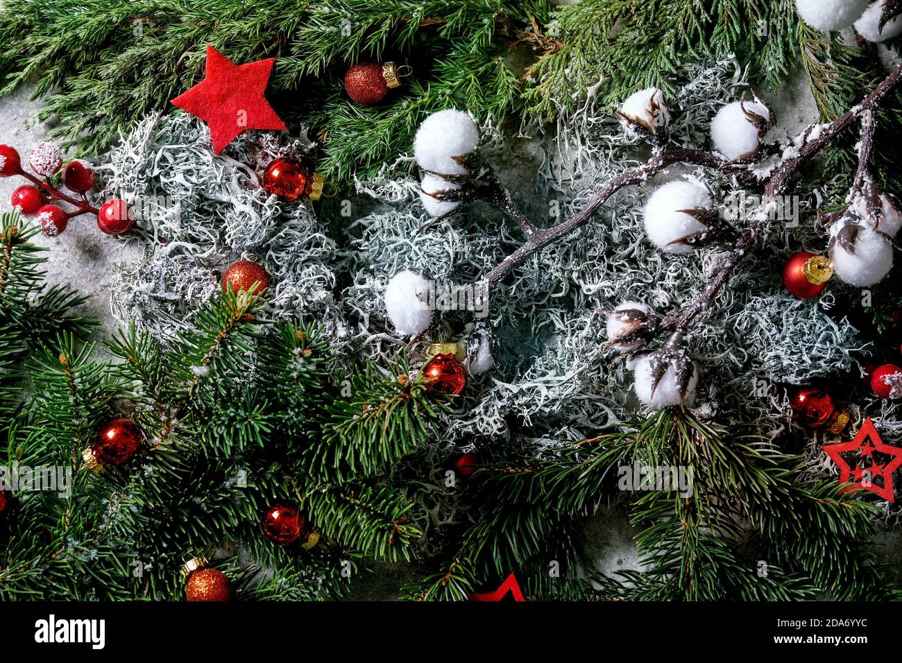 Christmas New year greeting card background with fir tree and toys ...