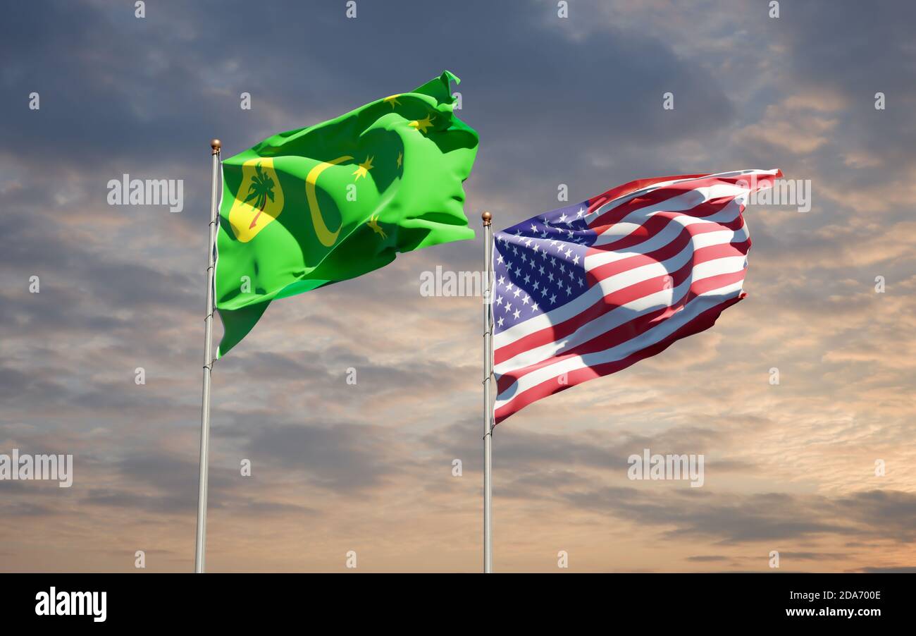 Beautiful national state flags of USA and Cocos Island together at the ...