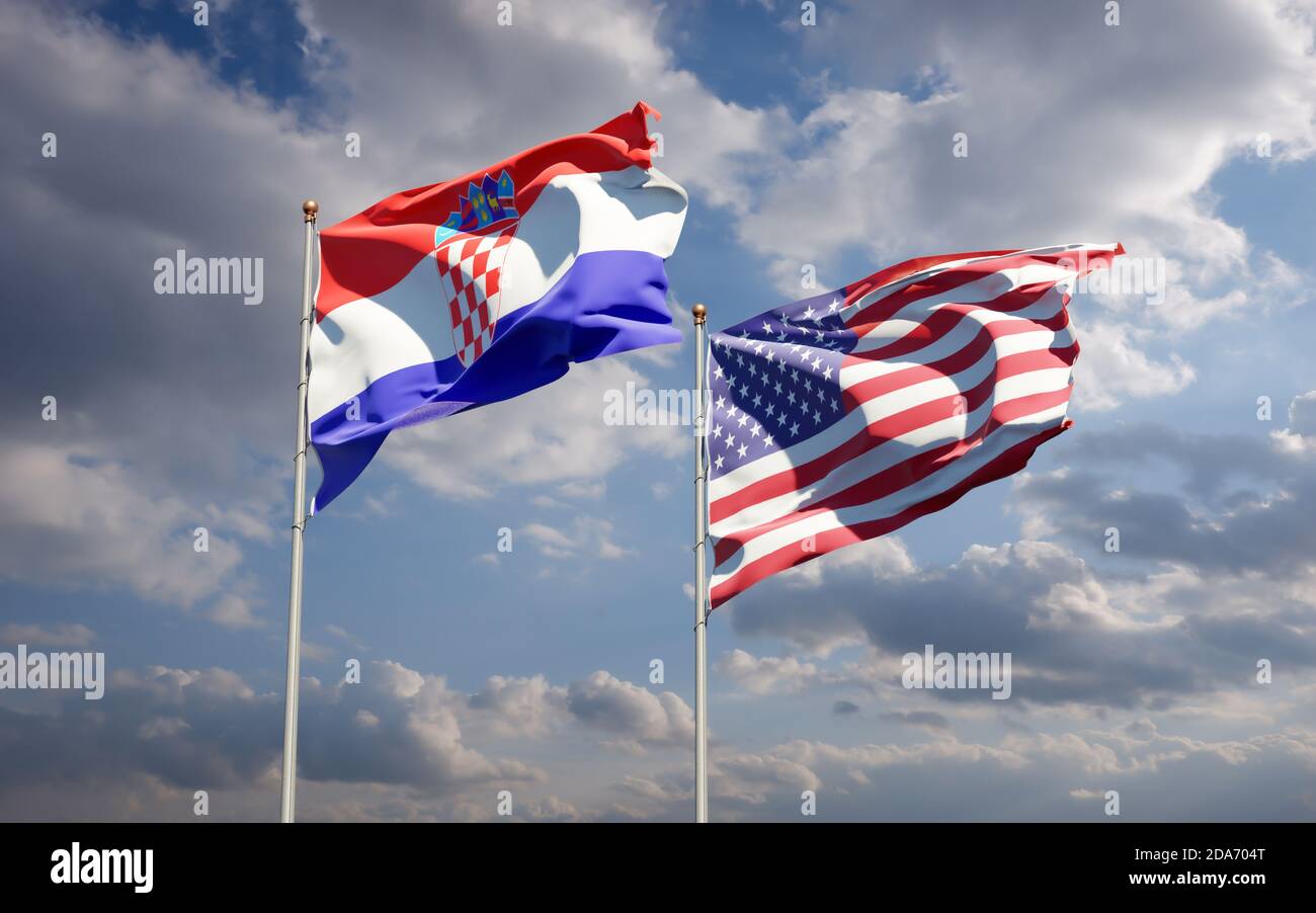Beautiful national state flags of USA and Croatia together at the sky ...