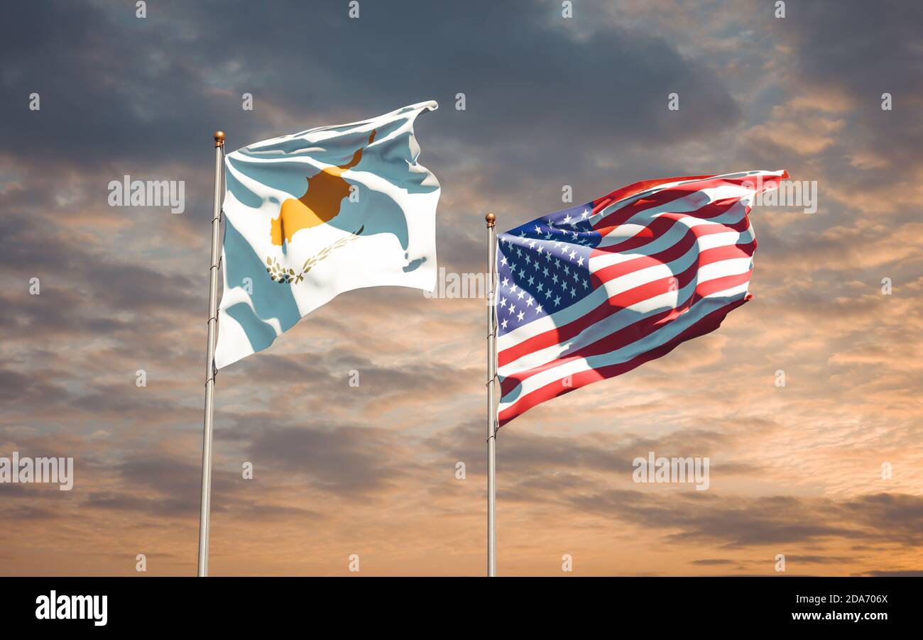 Beautiful national state flags of USA and Cyprus together at the sky ...