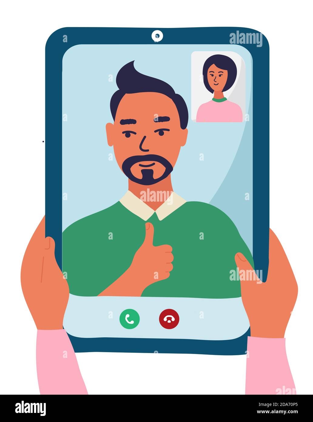 man and woman are on the tablet device screen. Female Hands are holding smartphone with video call. people have dark blue hair. vector illustration Stock Vector