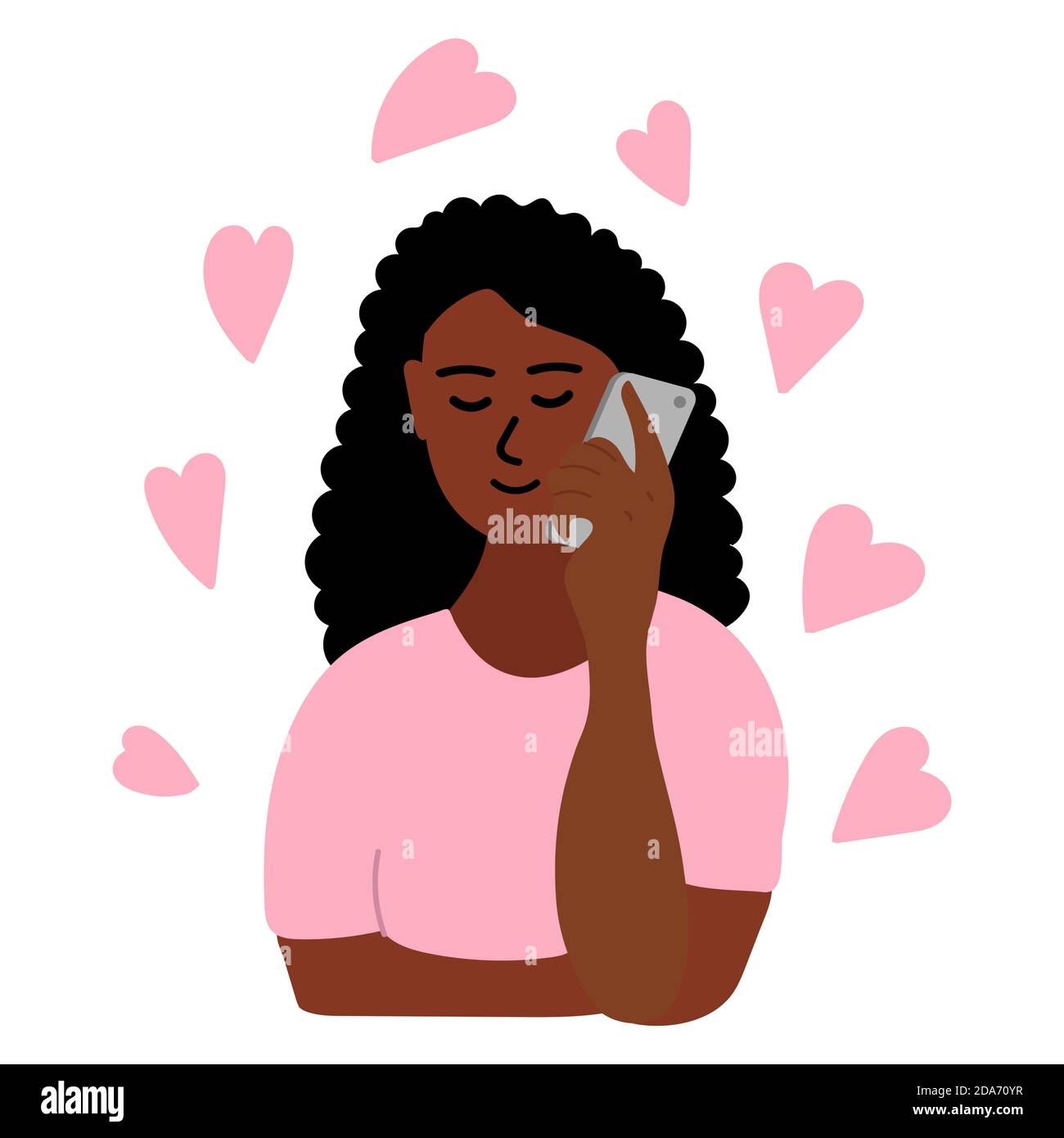 Hand drawn african girl talking on the phone. Brunette black skin female holds smartphone with her hand. there are many pink hearts around her Stock Vector