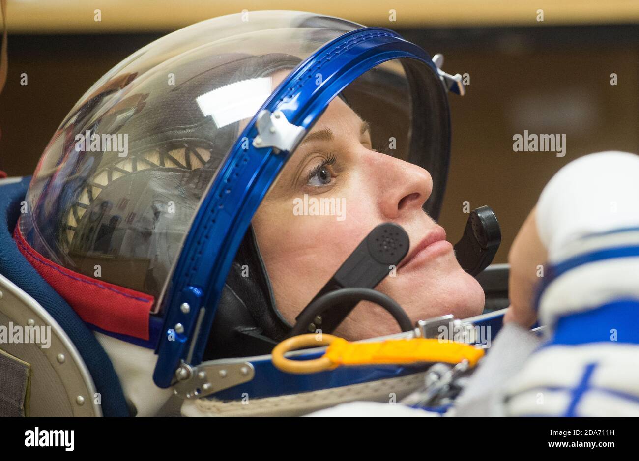 BAIKONUR COSMODRONE, KAZAKHSTAN - 28 September 2020 - ISS Expedition 64 NASA astronaut Kate Rubins is seen while having her Sokol suit pressure checke Stock Photo
