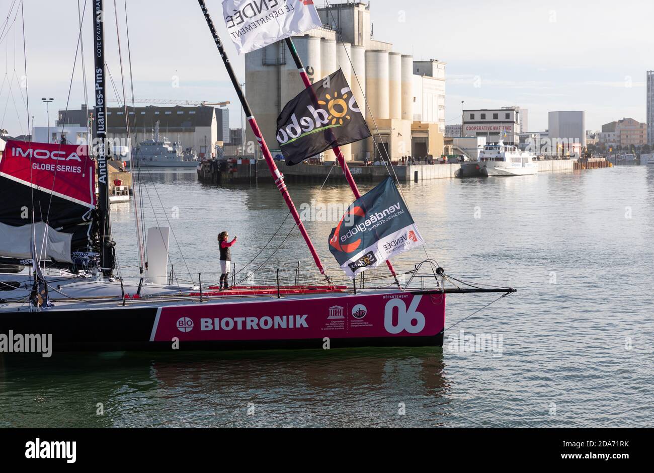 LES SABLES D'OLONNE, FRANCE - NOVEMBER 08, 2020: Alexia Barrier boat (TSE - 4MyPlanet) in the channel for the start of the Vendee Globe 2020 Stock Photo