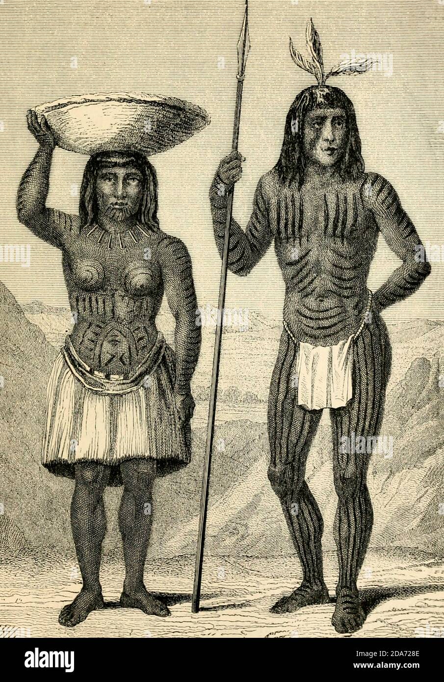 Male and female Mohawk Indians engraving on wood From The human race by Figuier, Louis, (1819