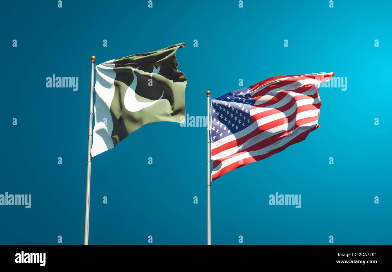 Beautiful national state flags of Pakistan and USA together at the sky background. 3D artwork concept. Stock Photo