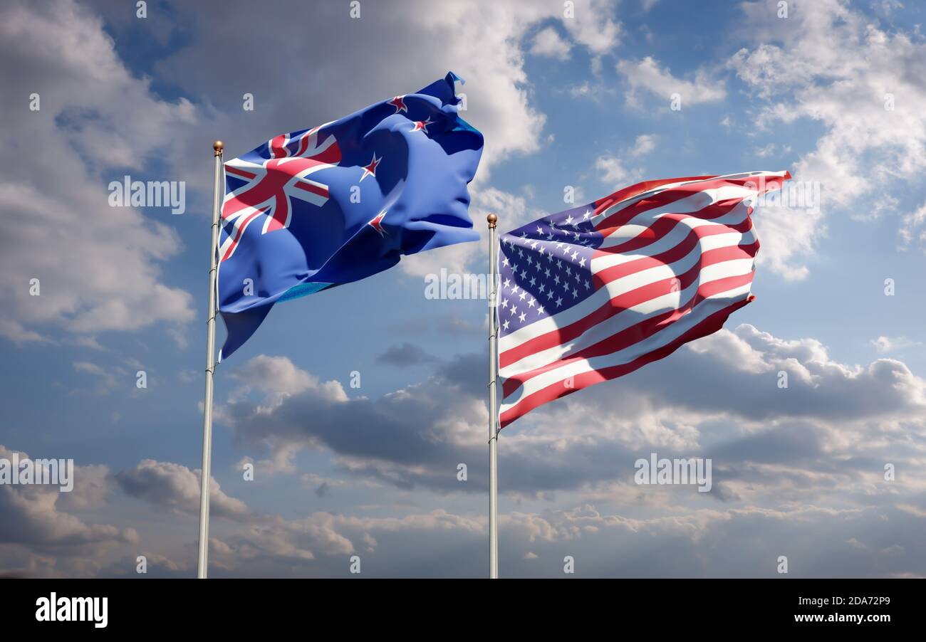 Beautiful national state flags of New Zealand and USA together at the ...