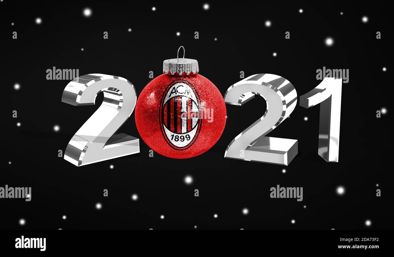 Happy new Year 2021, flag Football Club ACM on a christmas toy, decorations  isolated on dark background. Creative christmas concept Stock Photo - Alamy