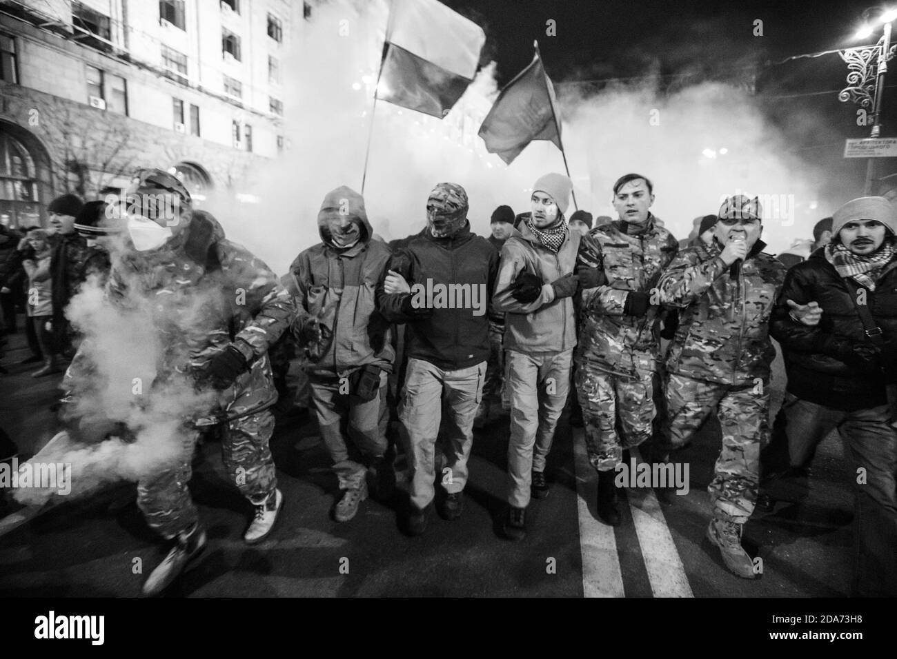 KIEV, UKRAINE - Nov 21, 2016: Activists of nationalist groups and their supporters on Independence Square as they gather to mark the anniversary of the 2014 Ukrainian pro-European Union mass protests Stock Photo