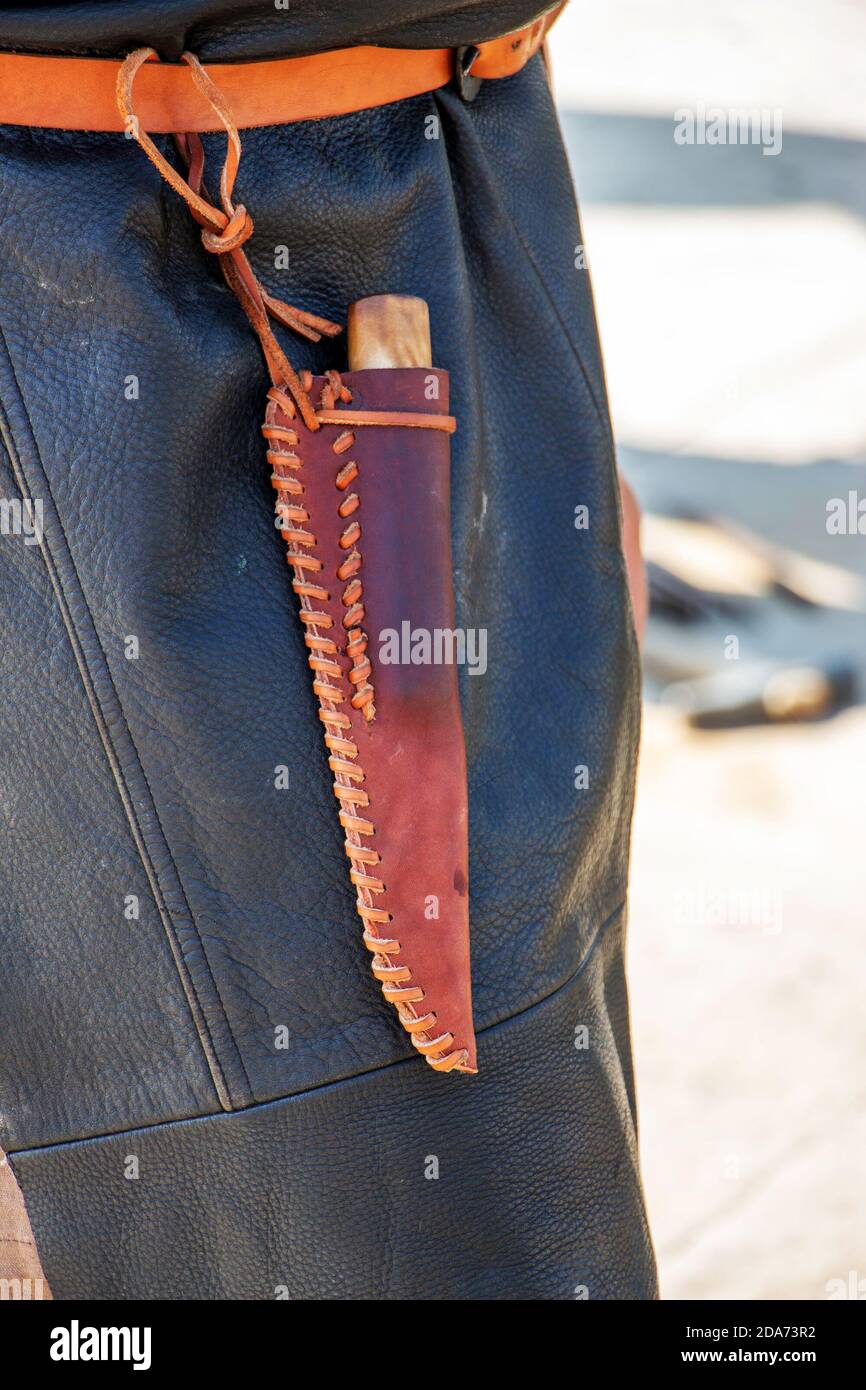 Homemade leather sheath at belt Stock Photo Alamy