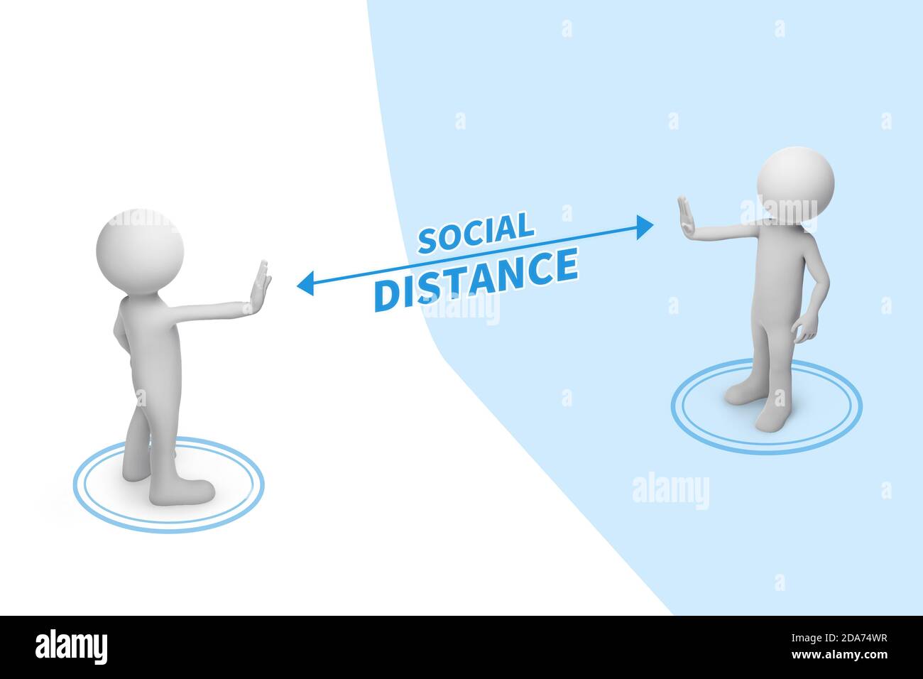 Two people standing keep distance with the word social distancing in between concept, New normal concept, People keeping distance for infection risk a Stock Photo