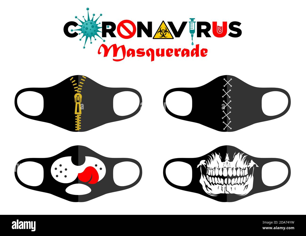 Print design concept on reusable face protection masks. Entertainment during coronavirus quarantine. Funny cartoon faces - smile, skull, zipper. Illus Stock Vector