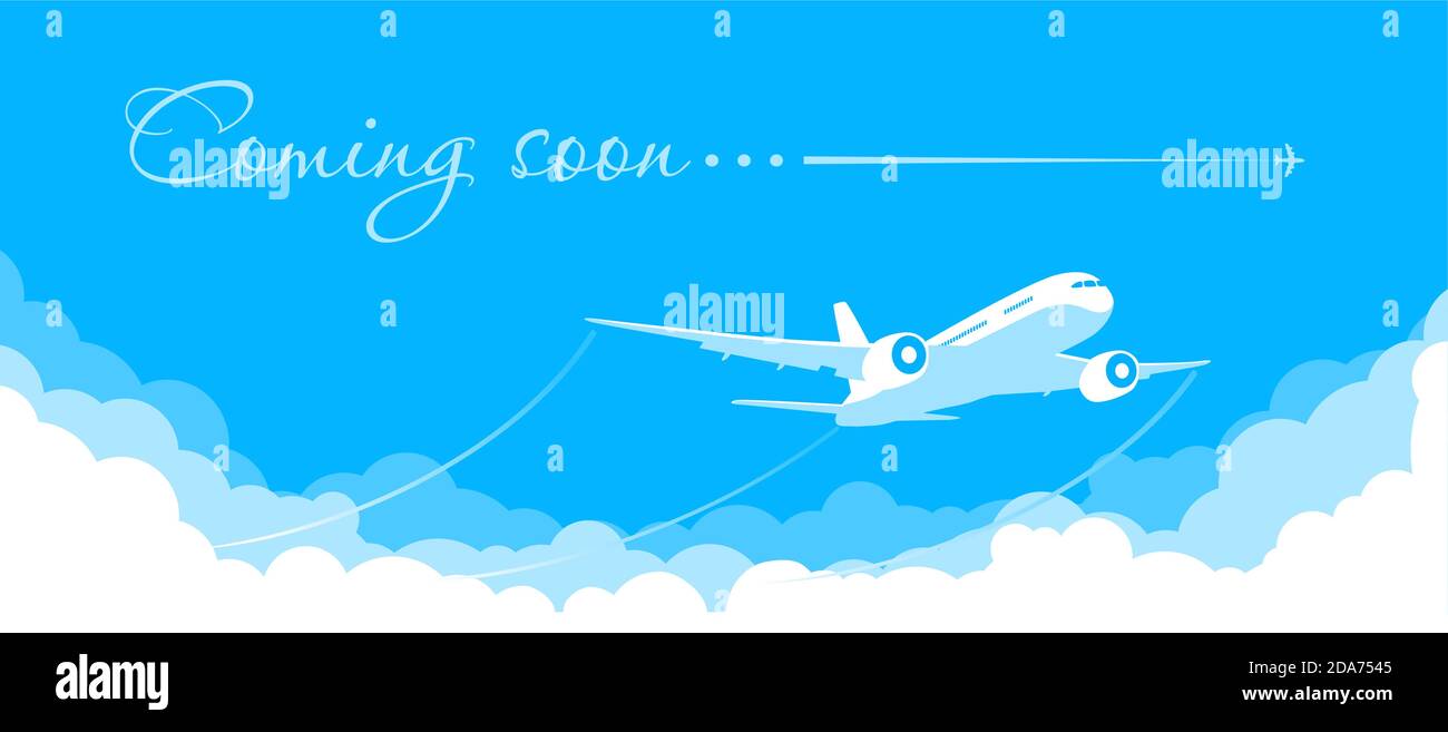 Blue sky with clouds and a plane taking off. Announcement of the opening and the beginning of flights after quarantine. Illustration, vector Stock Vector