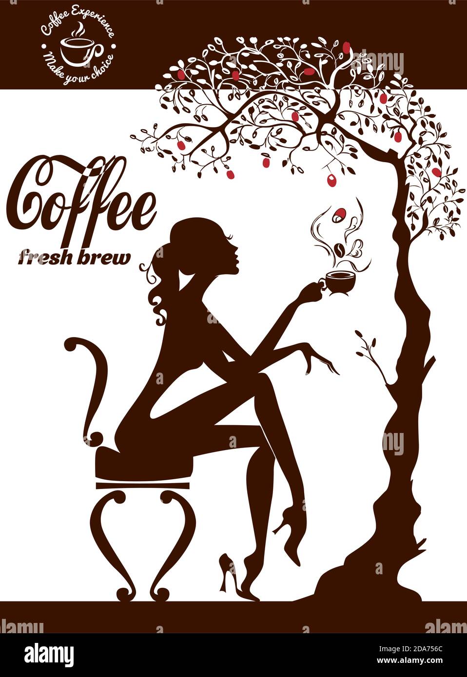 Coffee menu. An elegant girl sits on a chair near a tree with coffee beans and drinks coffee from a cup Stock Vector
