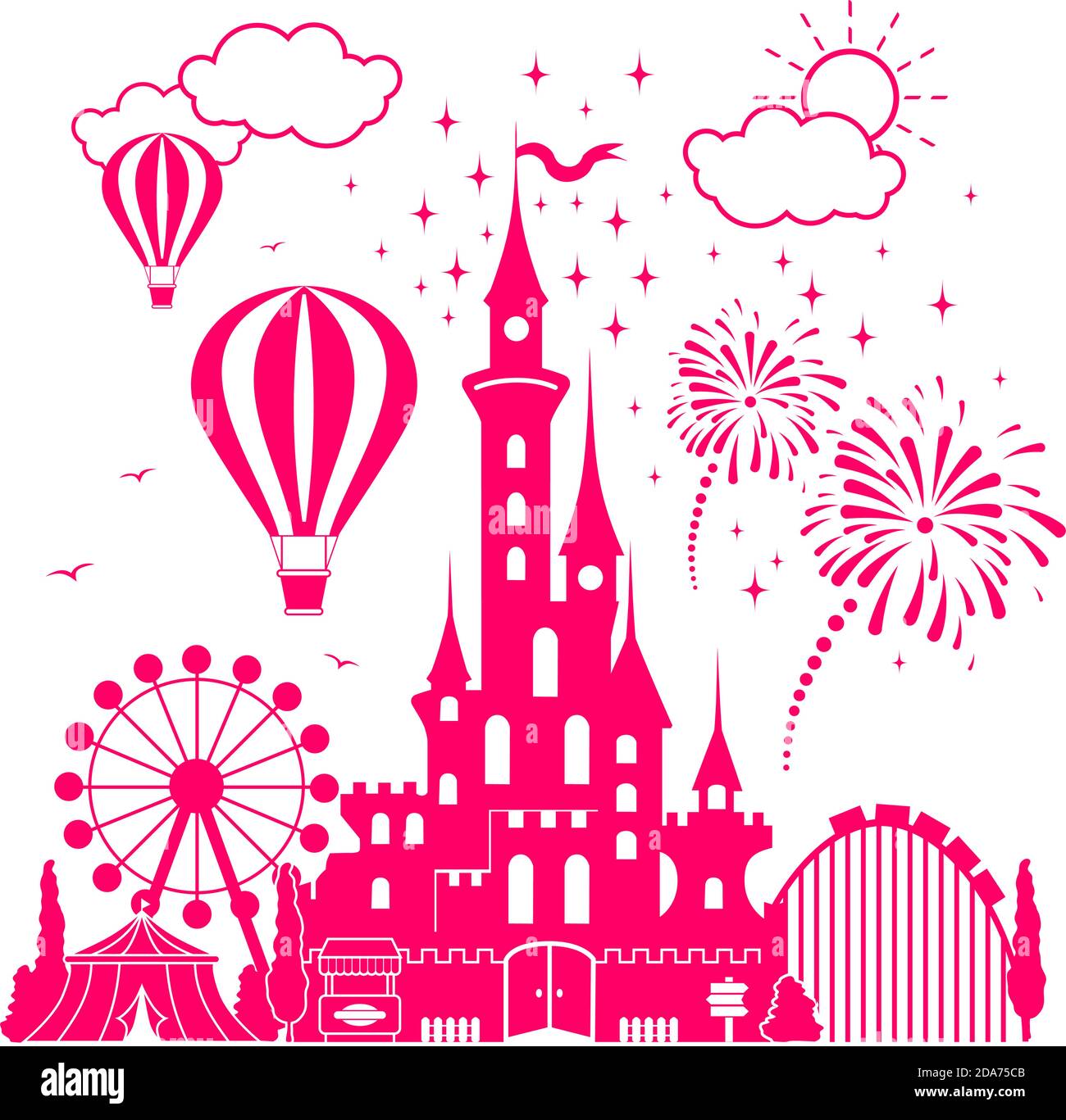 Fairytale castle of princess in an amusement park. Air balloons in sky, rides and entertainment. Illustration, vector Stock Vector