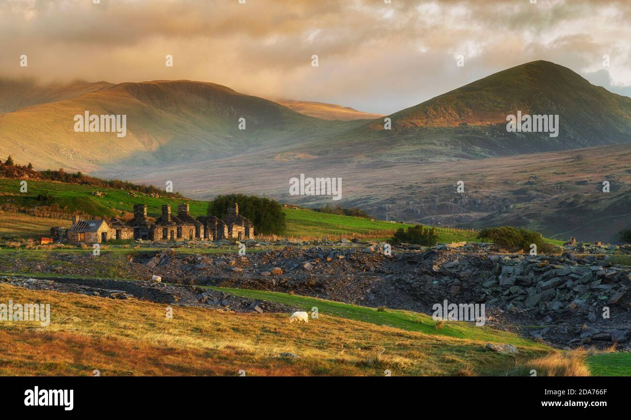 This terrace of abandoned cottages are at the foot of Moel Siabod, a mountain in the centre of the Snowdonia National Park. The quarry was there to re Stock Photo