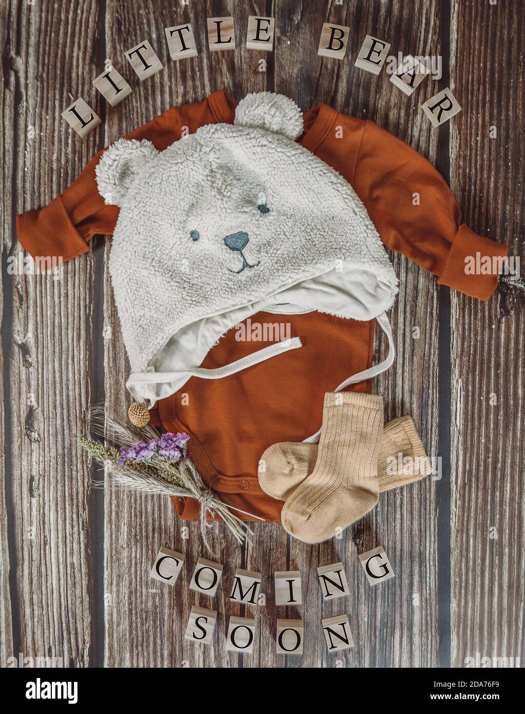 Little Bear Coming Soon. Baby announcement composition on a rustic wooden background. Rustic baby Coming Soon concept. Stock Photo