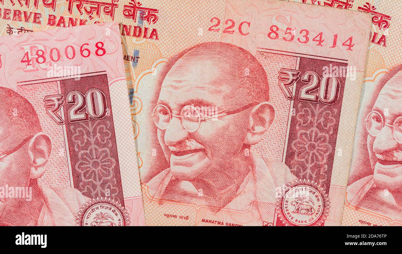 Close-up Indian Rupee banknotes. For India economy, Indian currency,  Gandhi, India inflation. Old style 20 Rupee banknote. Stock Photo