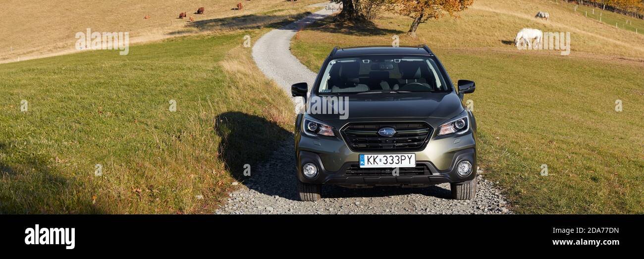 Wisla/Poland - 10.13.2019: Subaru Outback with permanent all-wheel drive on the mountain roads. Model 2019, 175 hp engine Stock Photo