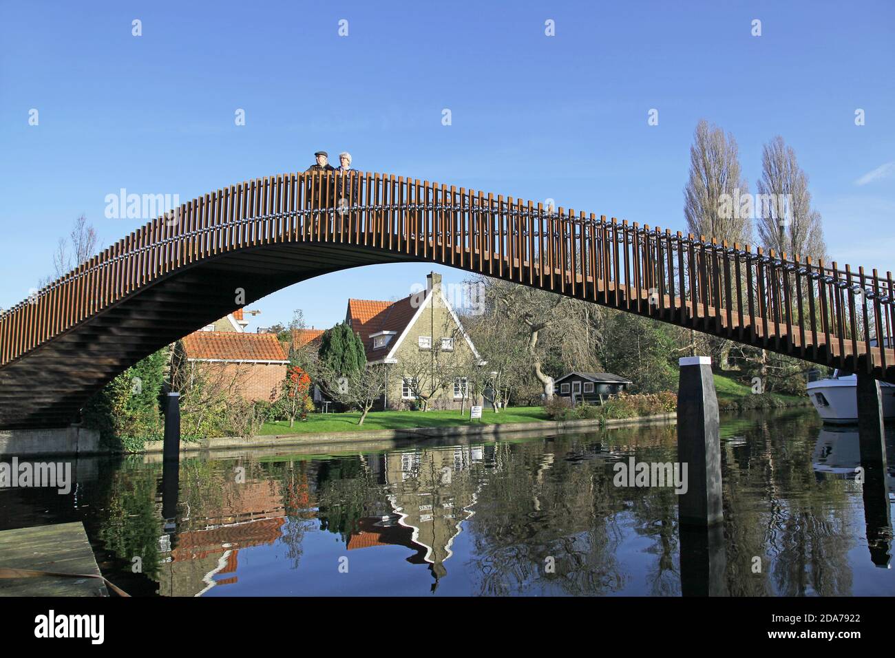 Steel bridge over ''The Utrechtse Veer'' in the city of Leiden.This is part of the City Walk around the city centre called Stadspark.Loop around the city.The Netherlands. Stock Photo