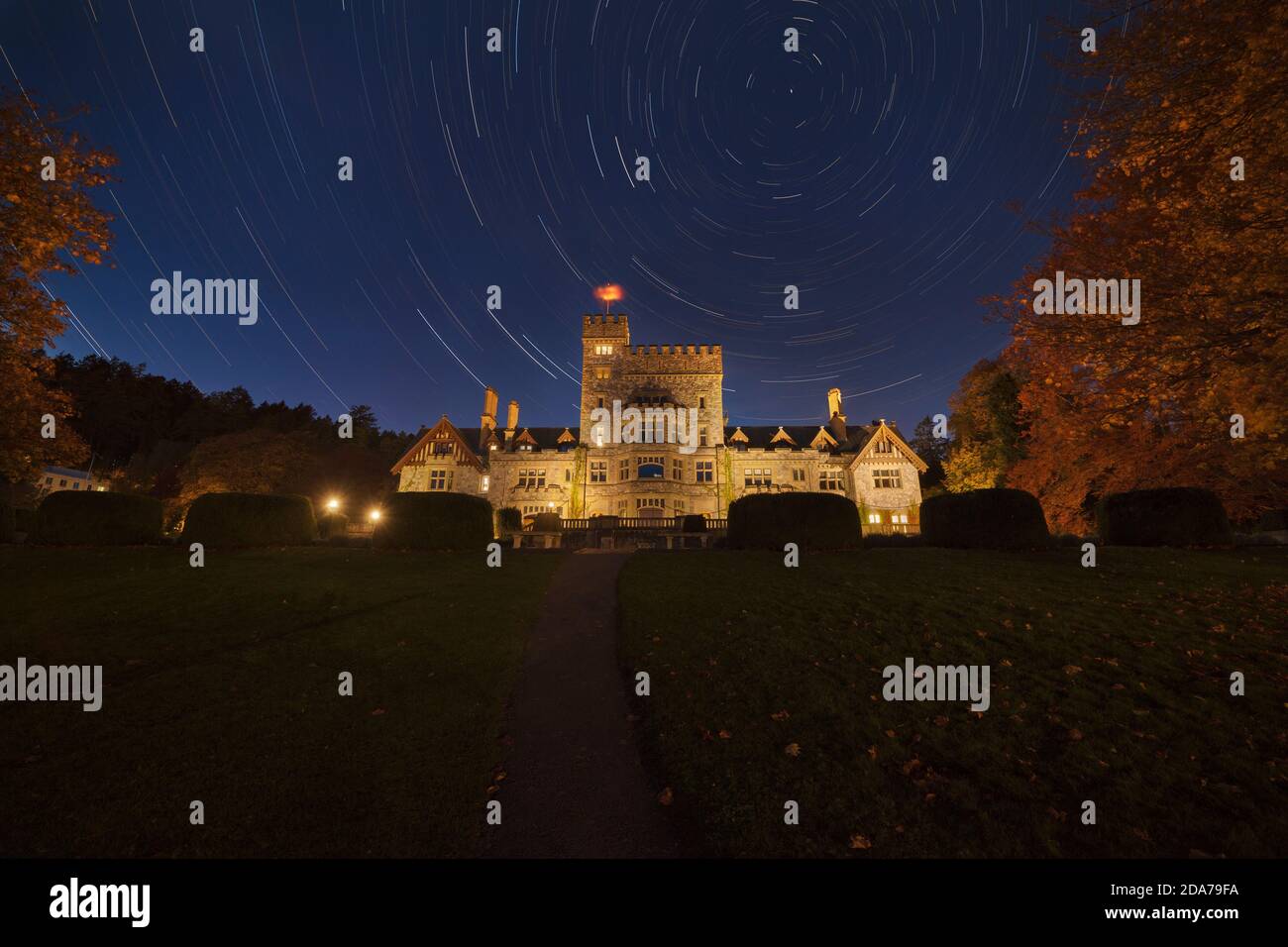 Stars rotating around Polaris the North star over Hatley Castle-Colwood, British Columbia, Canada. Stock Photo