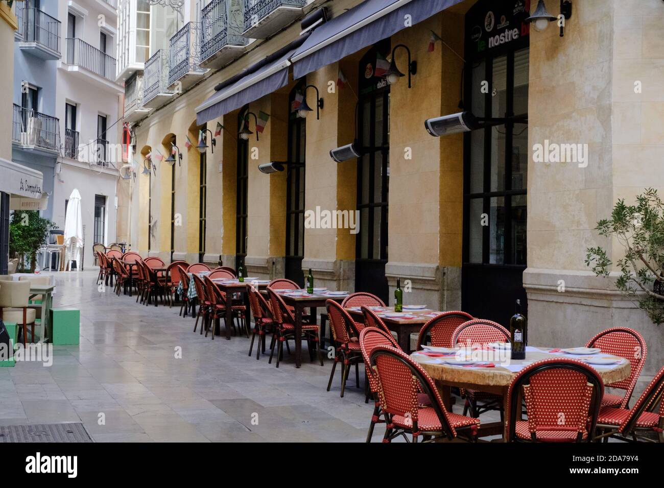Empty restaurantt on streets of Malaga during the Covid-19 pandemic, Andalucia, Costa del Sol, Spain, Europe Stock Photo