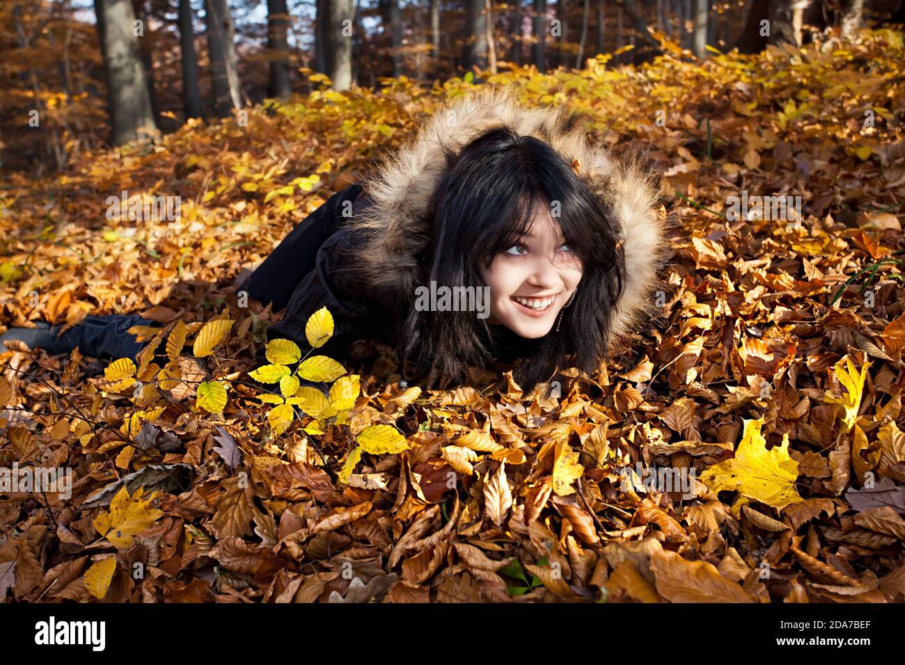 Young woman lying in fallen autumn leaves Stock Photo - Alamy