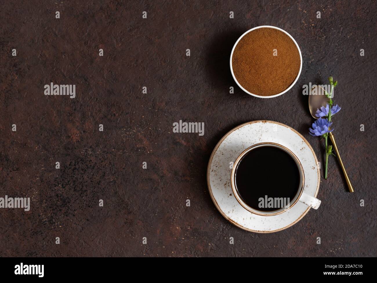 Cup with chicory coffee, chicory powder and blue flowers on a brown background. Space for text. Top view, flat lay Stock Photo - Alamy Cup with chicory coffee, chicory powder and blue flowers on a brown background. Space for text. Top view, flat lay Stock Photo - Alamy