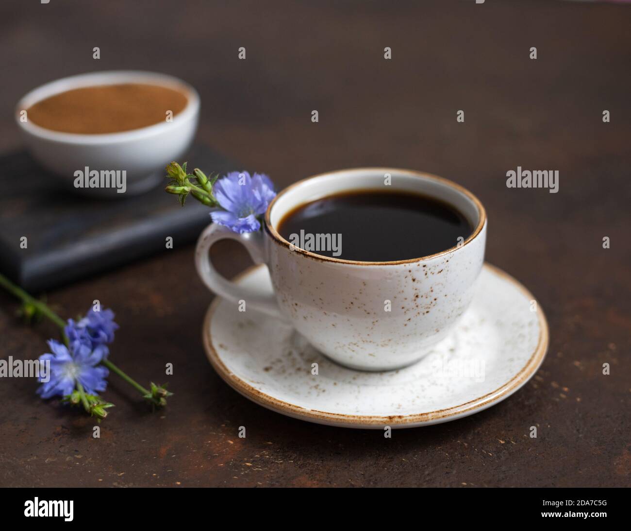 Chicory coffee and blue flowers on a dark brown background. Ground