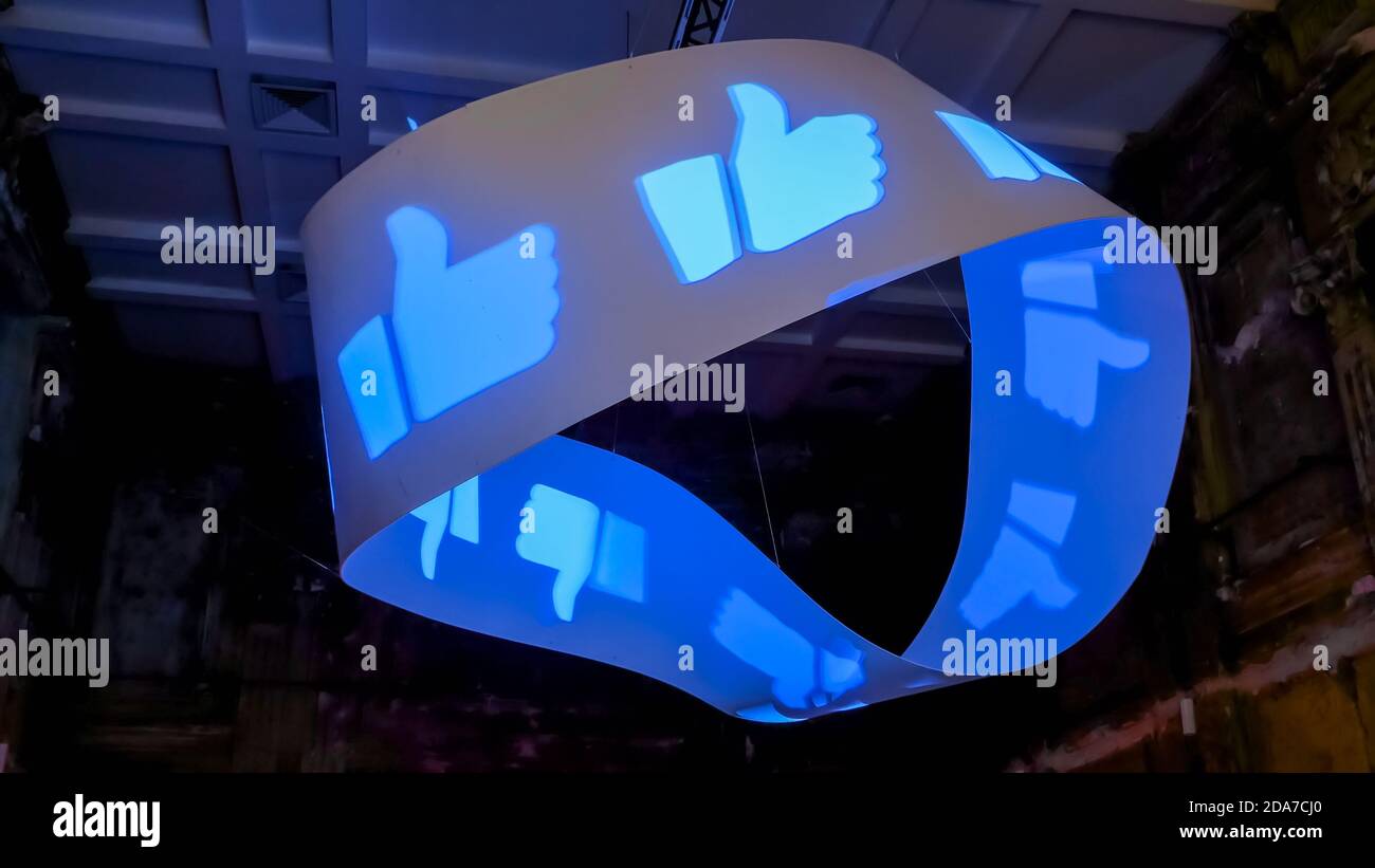 MOSCOW, RUSSIA - AUGUST 01, 2019: Media Exhibition. Interactive installation - moving thumb up and thumbs down signal - like/dislike. Social media Stock Photo