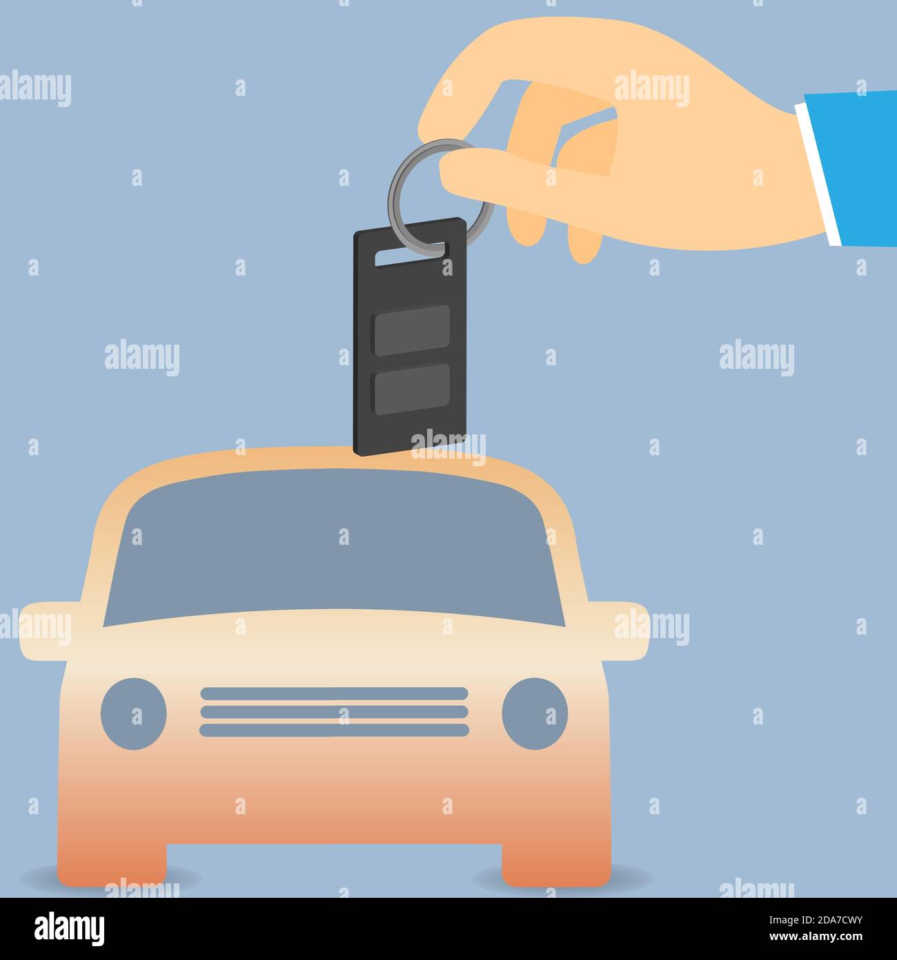 Hand holding a key in front of a car Stock Vector