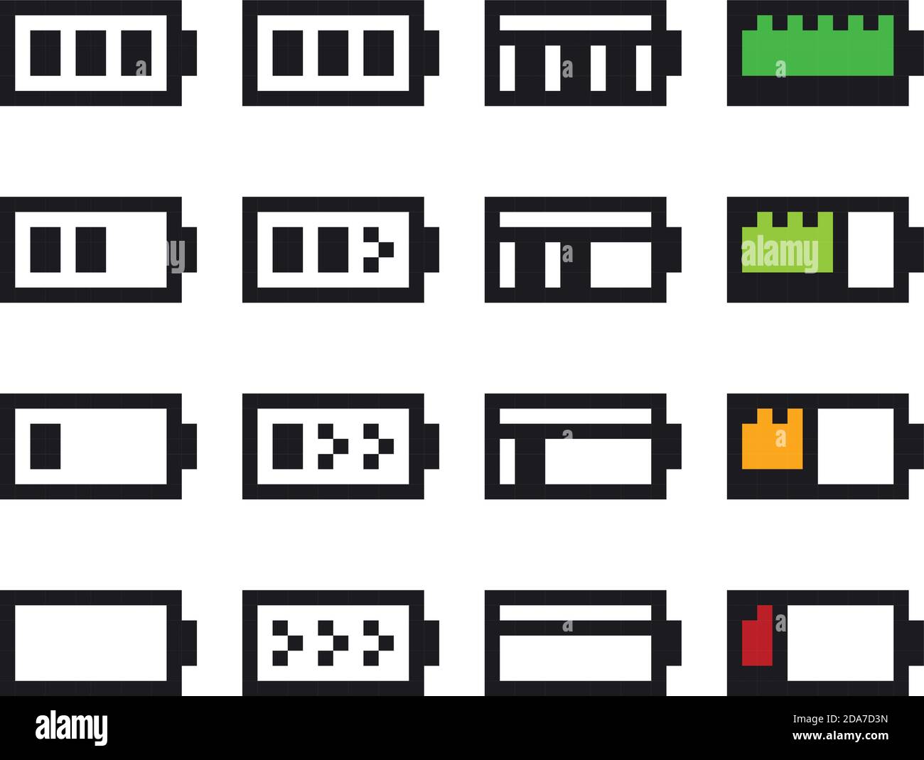 Vector pixel art icon set - 8 bit retro illustration of battery charging  indicators, containing full, half and empty charge. Video game sprite Stock  Vector Image & Art - Alamy