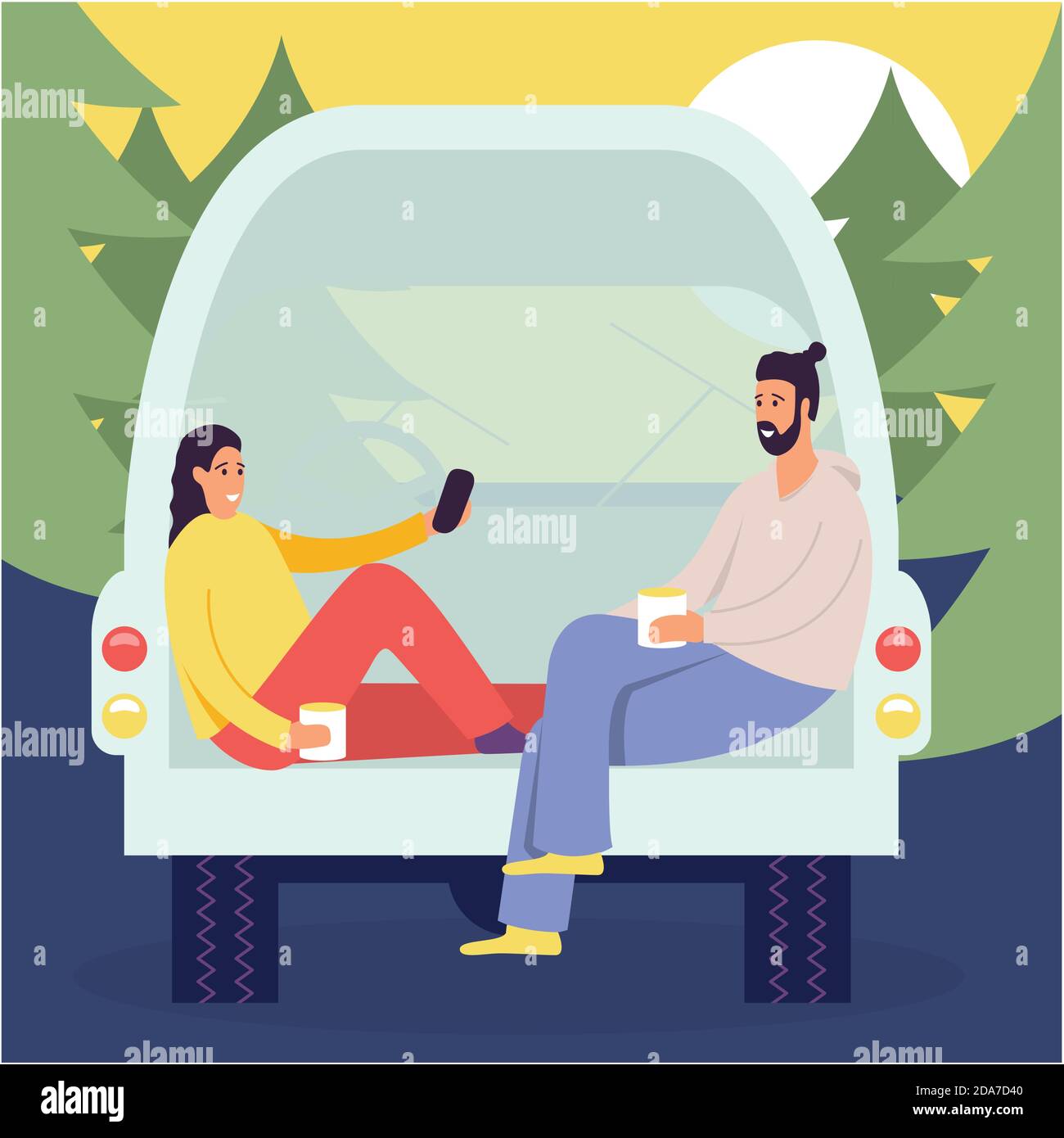Cheerful young couple enjoy vacation sitting in rear of van, people in camper van, picnic in the forest in the house on wheels Stock Vector