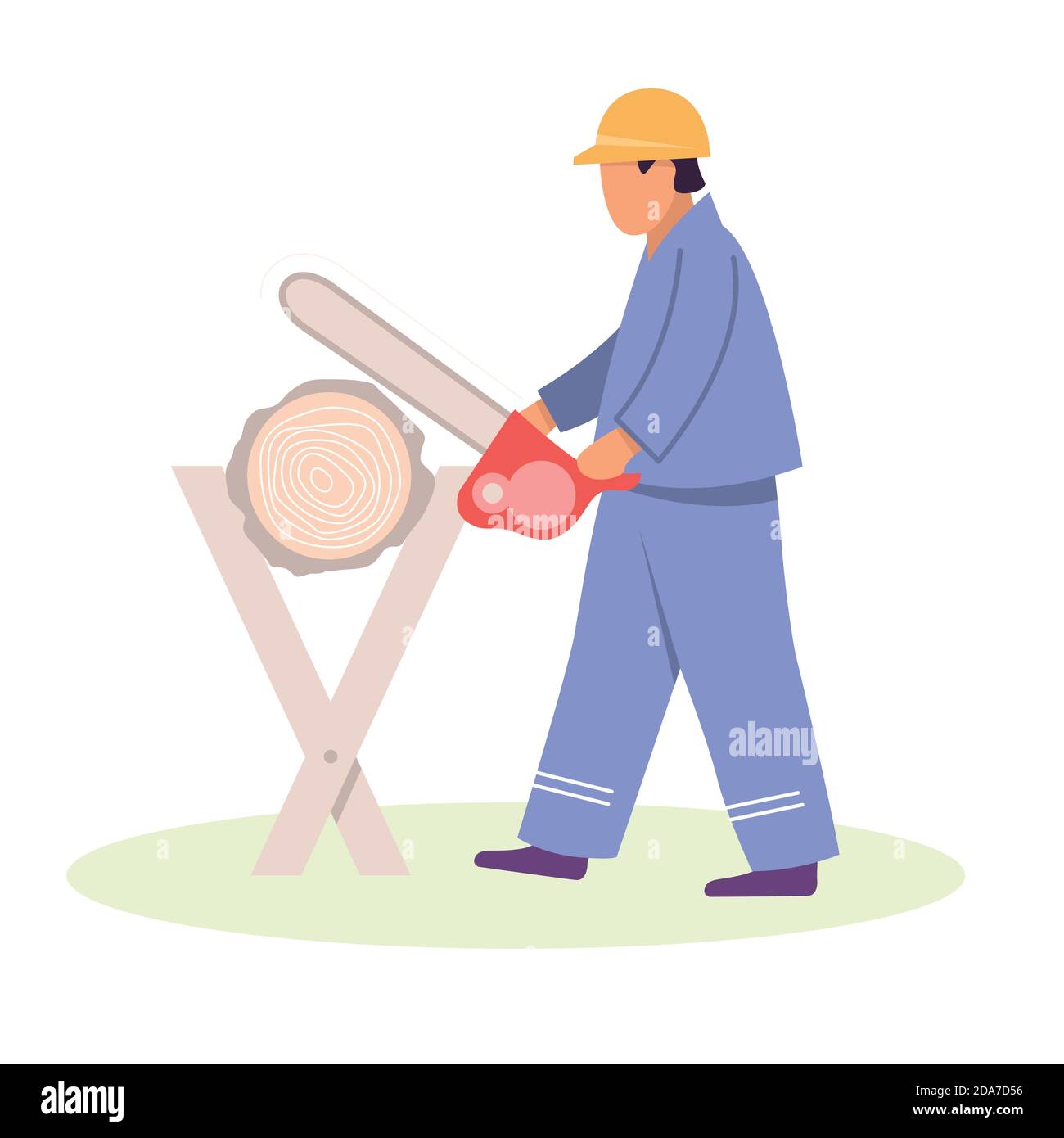 Lumberjack worker with chainsaw in protective gear cutting timber tree, man sawing up logs with chainsaw sow Stock Vector