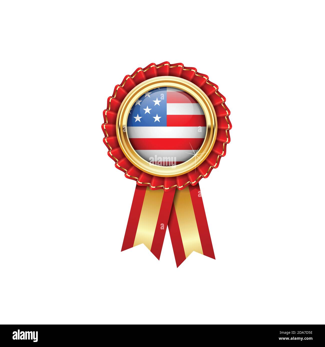 Red rosette with USA flag in gold badge, American award icon or quality symbol with flag of United States of America Stock Vector