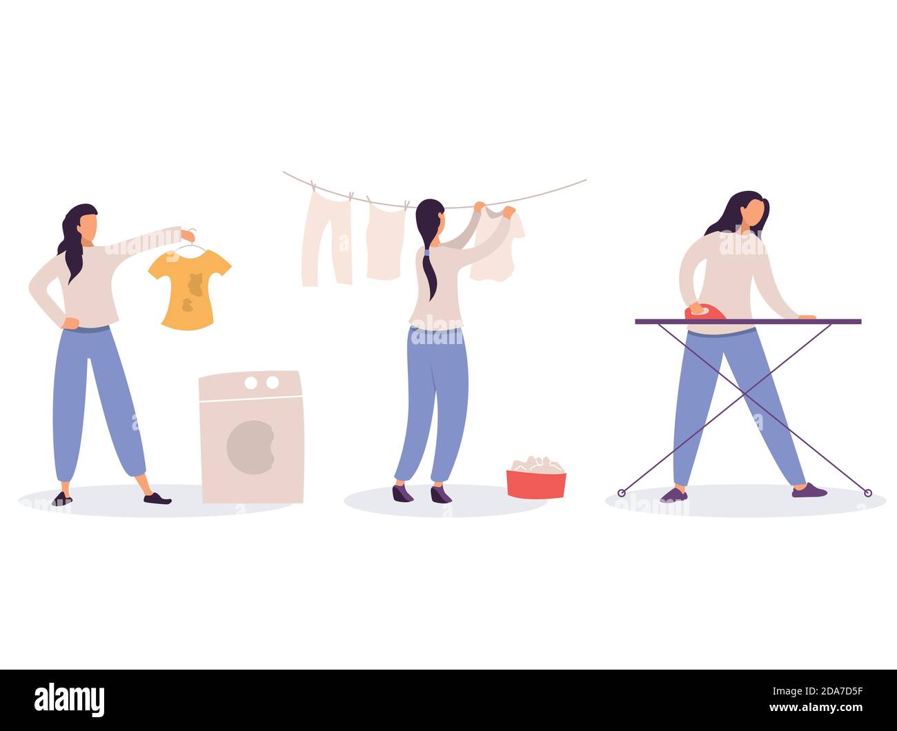 Woman at housework - laundry, drying and ironing of linen, girl washing dirty clothes, housekeeping and cleaning concept Stock Vector