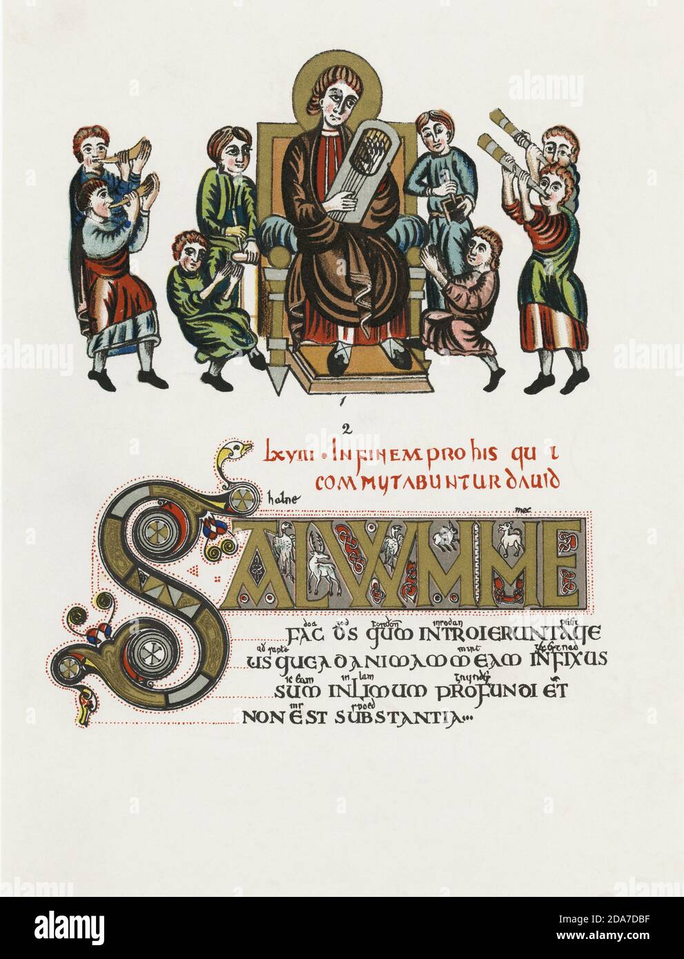 King David, King of Israel, playing his harp.  After a 17th century facsimile of the 4th century Psalter of St. Augustine. Stock Photo