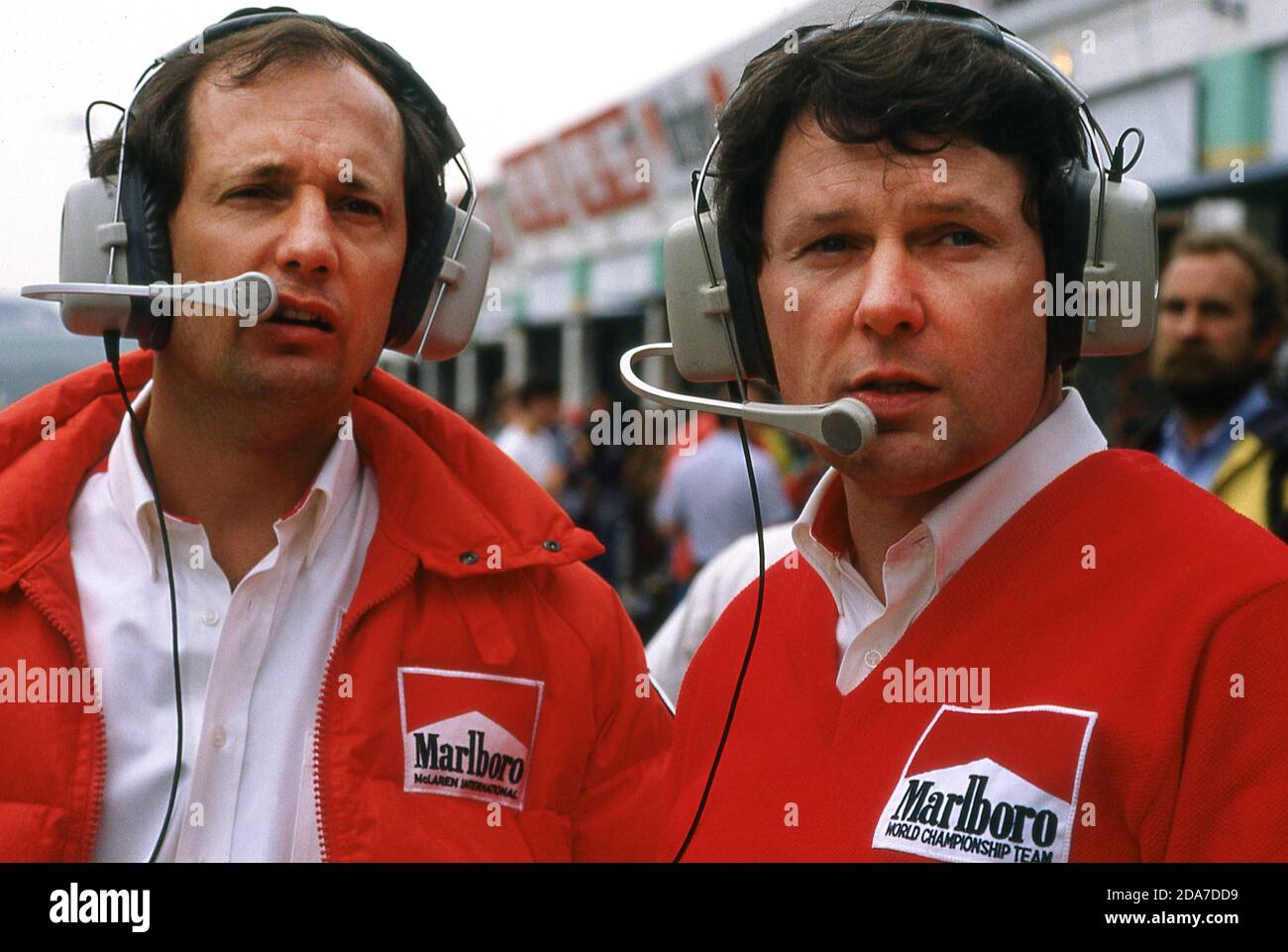 Ron Dennis and John Barnard at the 1985 Portuguese Grand Prix Estoril. Stock Photo