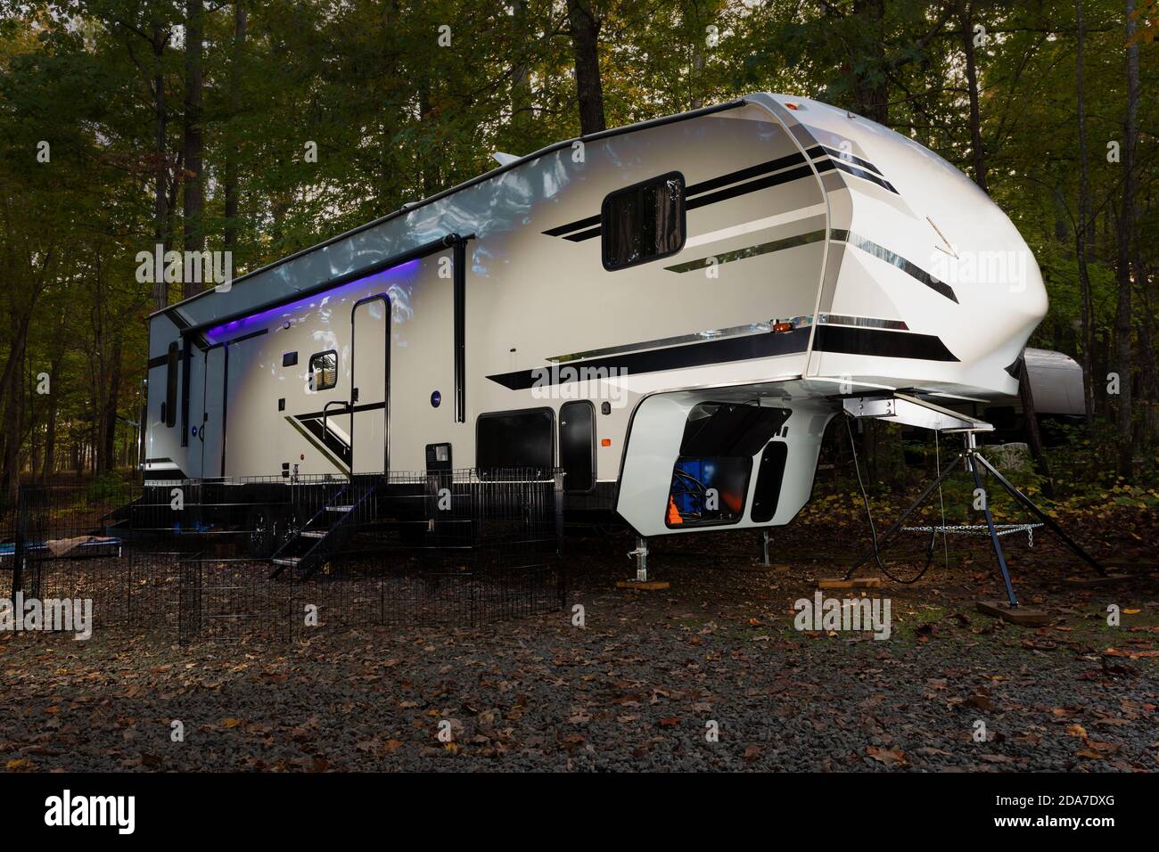 Fifth wheel camper in early fall at North Carolina's Falls Lake Stock