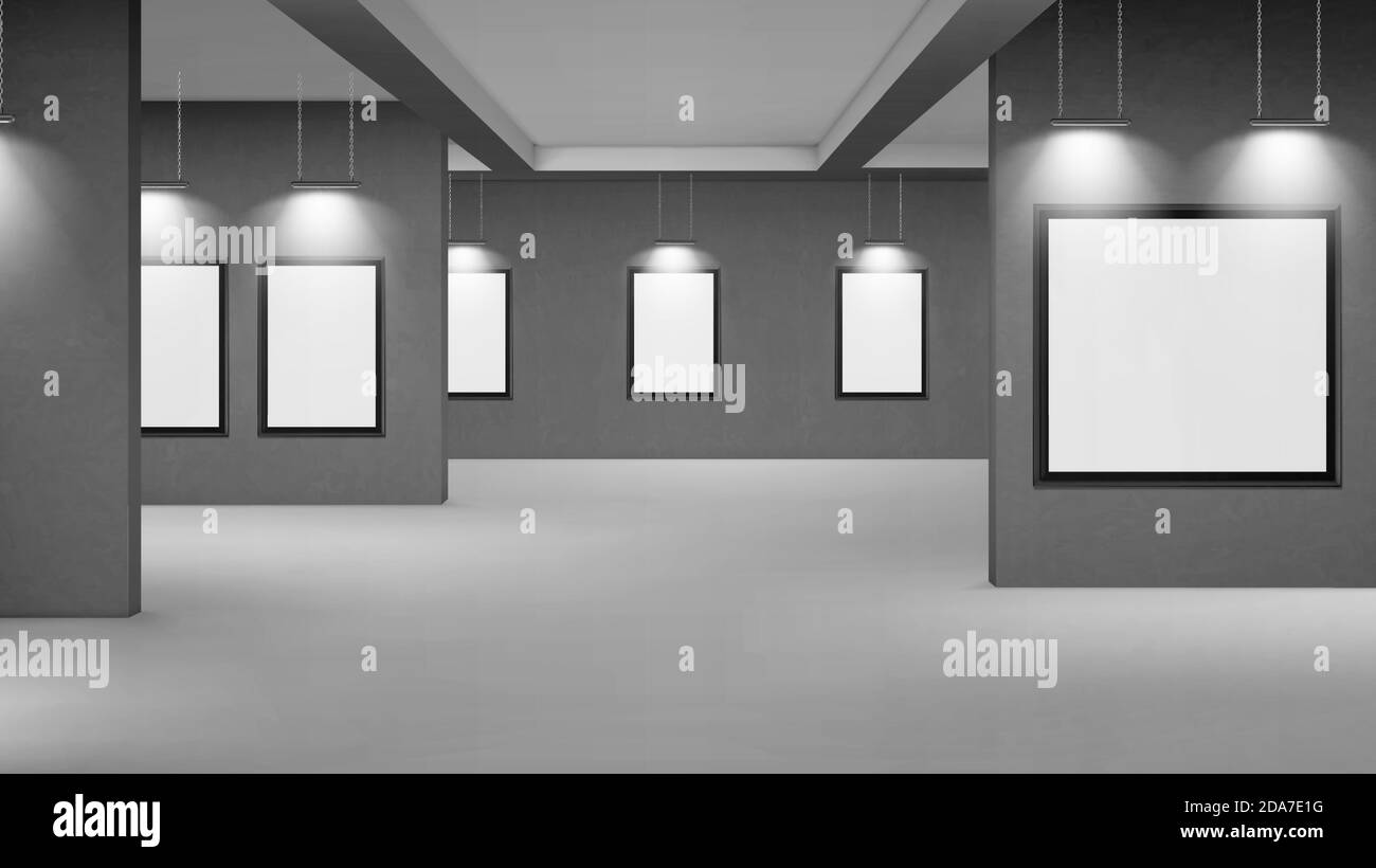 Empty gallery with blank picture frames illuminated by spotlights. Vector realistic interior of museum or studio room with white posters in black frames and lamps. Template for artwork exhibition Stock Vector