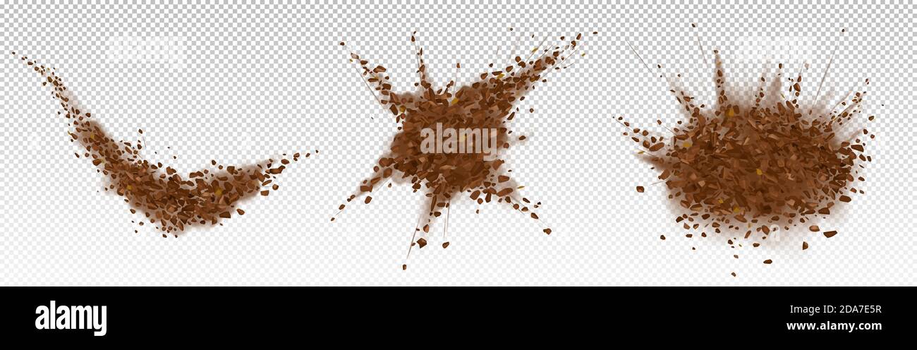 Coffee beans explosion, ground arabica powder with particles. Vector realistic illustration of shredded roasted coffee splash with grain pieces and brown dust isolated on transparent background Stock Vector