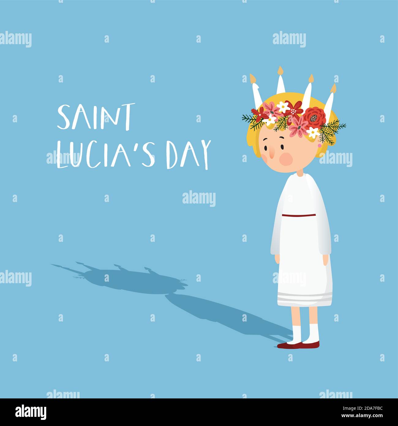 Little blonde girl with floral wreath and candle crown and long shadow. Saint Lucia. Swedish Christmas tradition, vector illustration background, flat Stock Vector