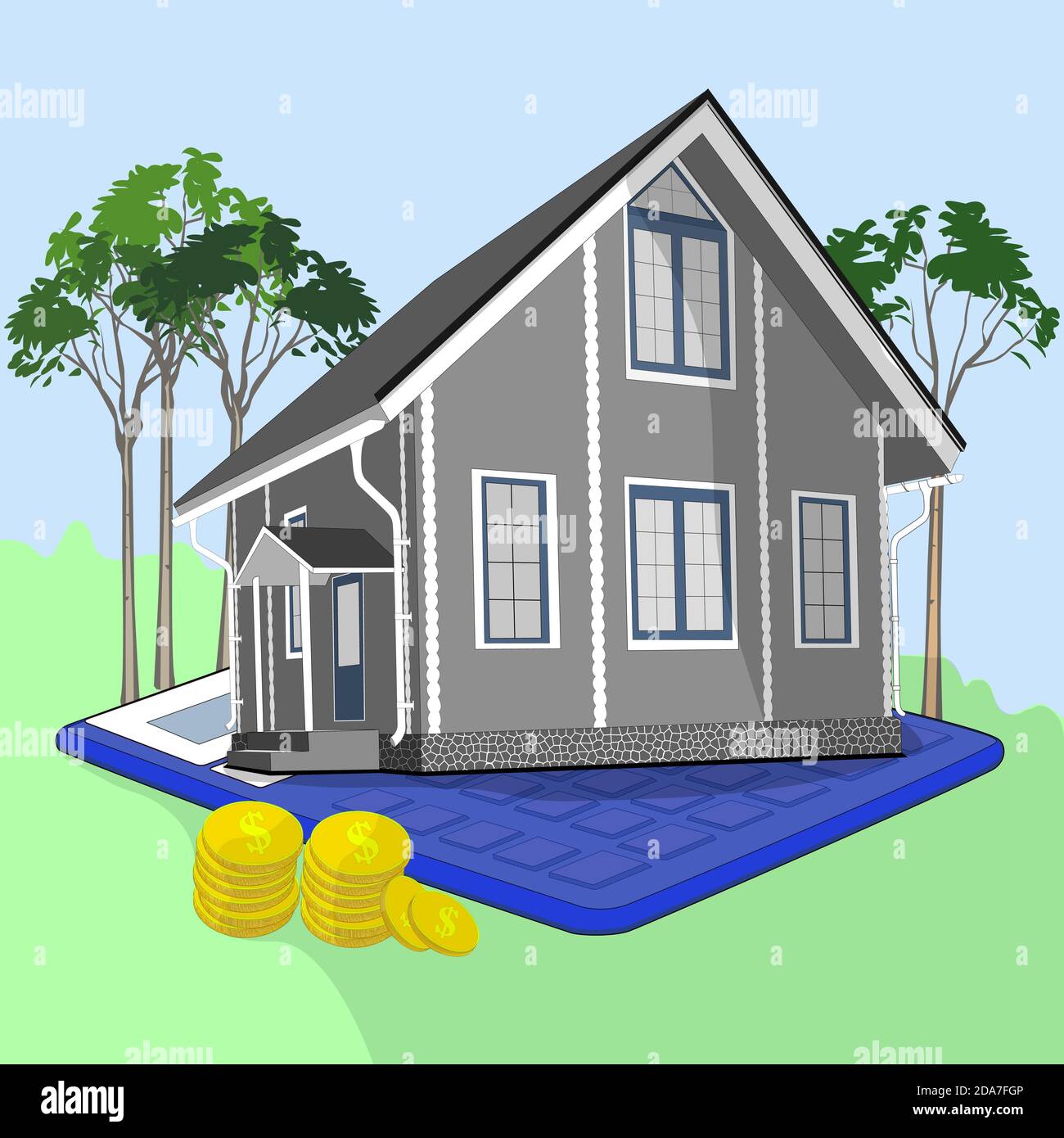 The concept of a mortgage. Mortgage loan or investment in real estate. Home. Money. Calculator. Vector Stock Vector