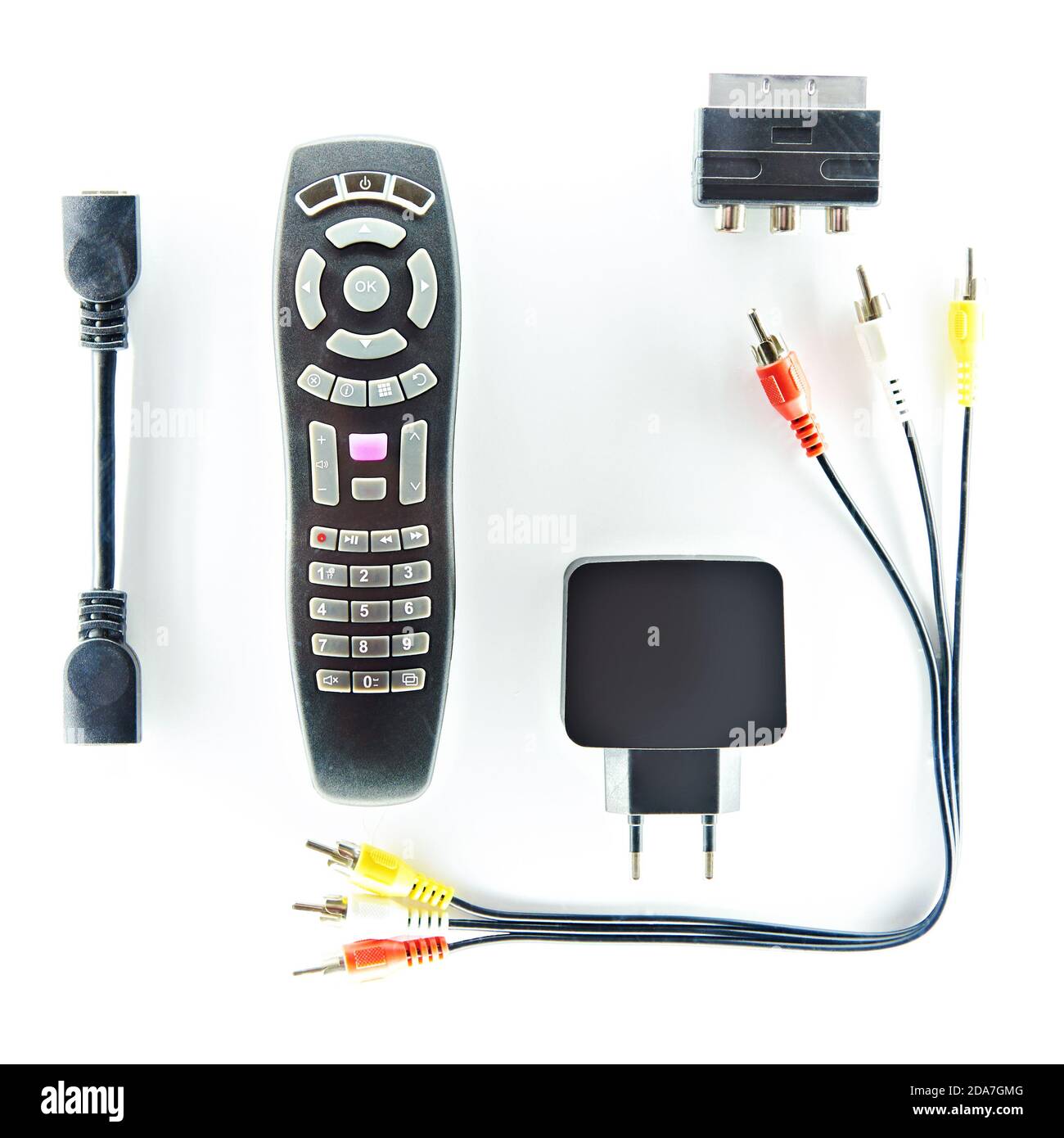 Remote control TV and wire connectors isolated white Stock Photo