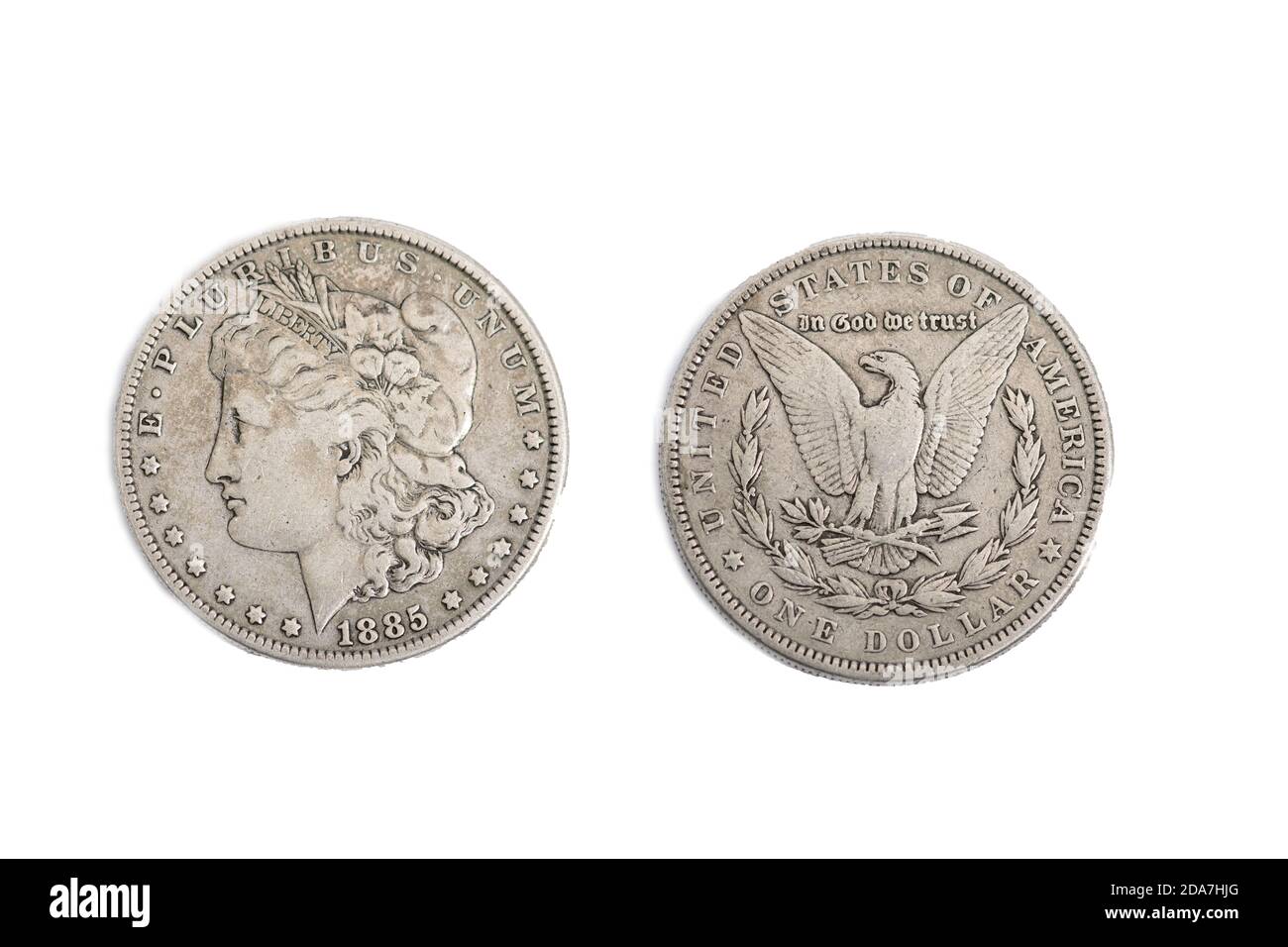 USA US American 1885 Silver Morgan dollar old coin money Stock Photo