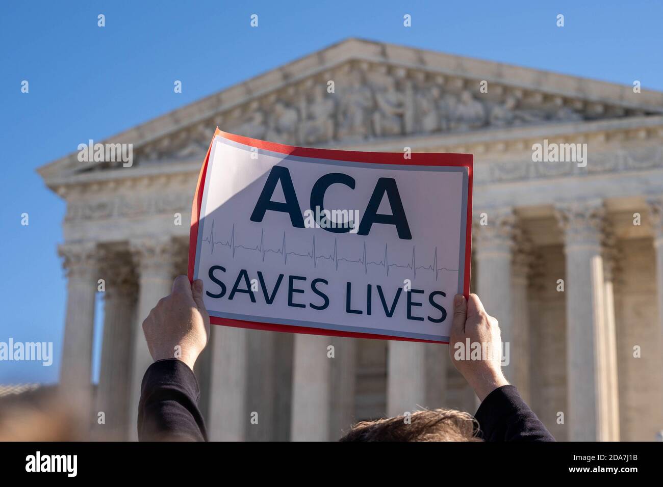 Washington, United States. 10th Nov, 2020. Demonstrators show their support for the Affordable Care Act in front of the Supreme Court in Washington, DC on Tuesday, November 10, 2020. The Supreme Court is taking oral arguments in a case brought by the Republicans that may invalidate the health care law passed in the Obama administration. Photo by Ken Cedeno/UPI Credit: UPI/Alamy Live News Stock Photo