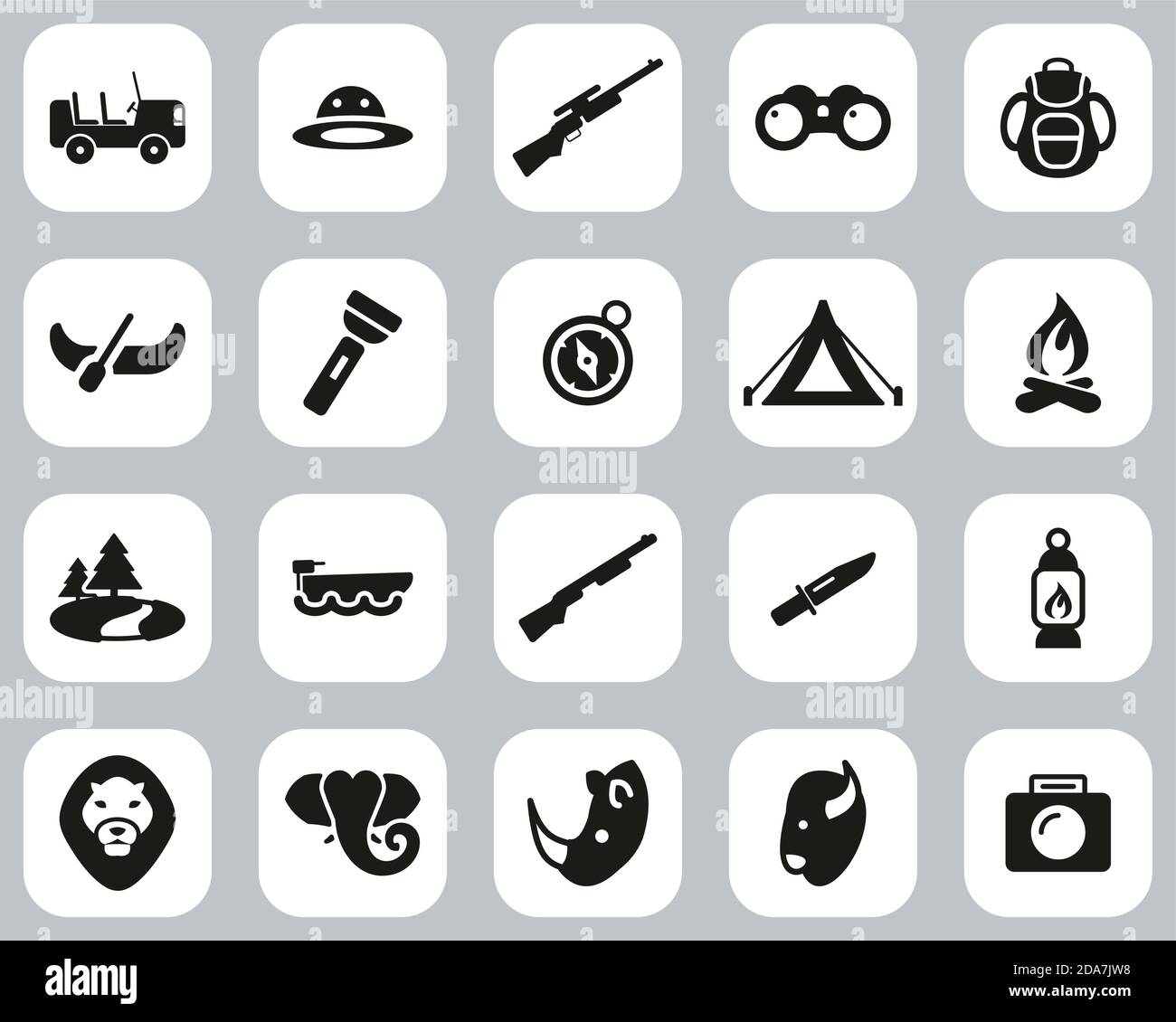 Safari Or Hunting Icons Black & White Flat Design Set Big Stock Vector ...